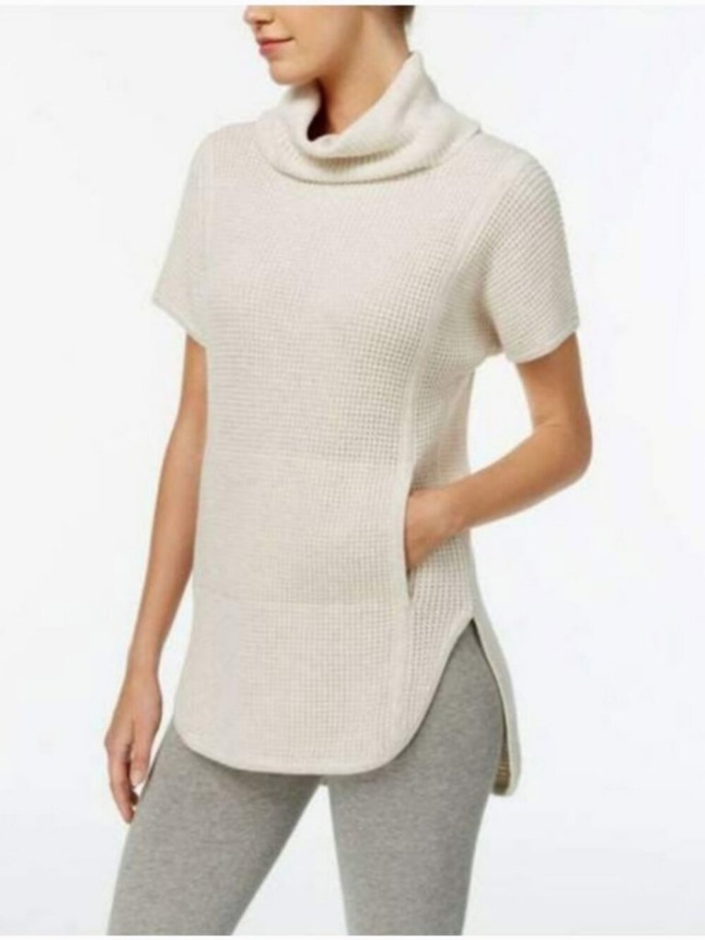 NEW-UGG Selby Waffle Knit Cowl Neck Short Sleeve Tunic Sweater Cream Heather